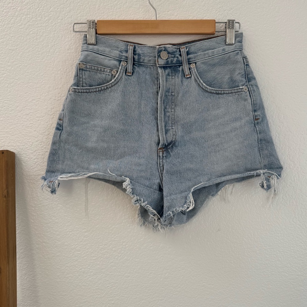 Agolde Light Blue High-Waist Denim Cutoff Shorts Fly Botton Distressed Size 24